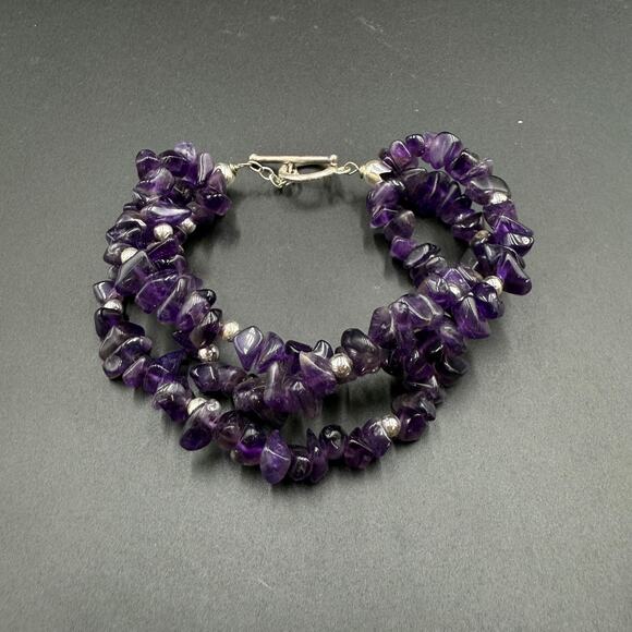 Purple Gemstone 3 Strand Bracelet 925 Silver Toggle Clasp - Picture 1 of 4